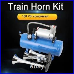 12V Train Air Horn Kit 150dB 3 Trumpet with 6 Liter Tank 150PSI Air Compressor