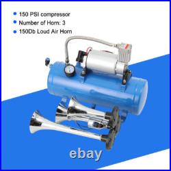 12V Train Air Horn Kit 150dB 3 Trumpet with 6 Liter Tank 150PSI Air Compressor