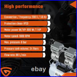 24L Air Compressor Litres Oil Free Low Noise 1.0 HP 8Bar 116psi 900W 80L/Min 24L Air Compressor Litres Oil Free Low Noise 1.0 HP 8Bar 116psi 900W 80L/Min
