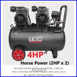 50L Air Compressor Litres Oil Free Low Noise 4HP 8Bar 116psi 14.8CFM 420L/mi