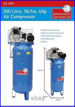 AIR COMPRESSOR 200L 4.0Hp 18.0cfm VERTICAL PISTON COMPRESSOR 200 LITRE 3 PHASE