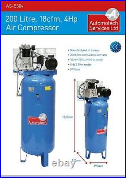 AIR COMPRESSOR 200L 4.0Hp 18.0cfm VERTICAL PISTON COMPRESSOR 200 LITRE 3 PHASE