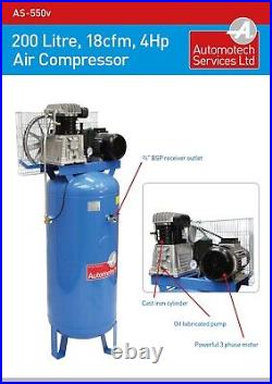 AIR COMPRESSOR 200L 4.0Hp 18.0cfm VERTICAL PISTON COMPRESSOR 200 LITRE 3 PHASE