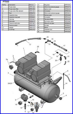 Bambi PT50 Compressor Ultra Low Noise Oil Free 50Litres regulator safety valve