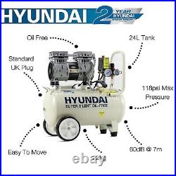 Hyundai 24 Litre Air Compressor, 5.2cfm/100psi, Silenced, Oil Free, HY7524