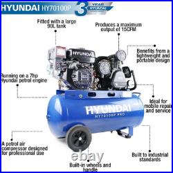 Hyundai 90 Litre Air Compressor, 10.7CFM/145psi, Petrol 7hp HY70100P