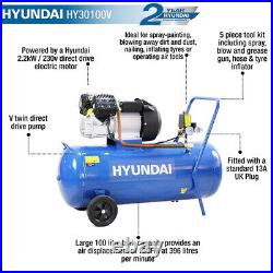 Hyundai Air Compressor 100 Litre V-Twin Silenced Direct Drive 3hp HY30100V