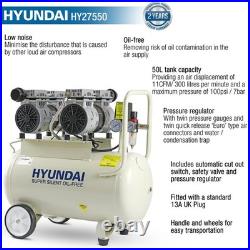 Hyundai HY27550 11CFM, 1500w, 50 Litre Oil Free Low Noise Air Compressor 230v