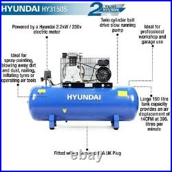 Hyundai HY3150S 150 Litre Air Compressor, Twin Cylinder, Belt Drive 3hp