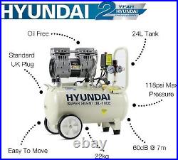 Hyundai HY7524 24 Litre Air Compressor, 5.2cfm/100psi, Silenced, Oil Free, 750w