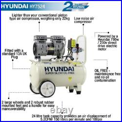 Hyundai HY7524 5.2CFM, 1HP, 24 Litre Oil Free Silenced Air Compressor