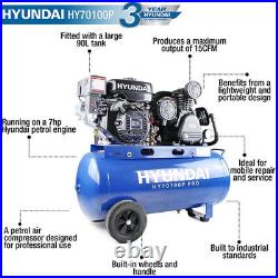 Hyundai Petrol Air Compressor 90 Litre, 10.7CFM/145psi, 7hp HY70100P