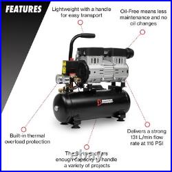 Low Noise Electric Air Compressor 8 Litre 750W 116PSI Oil Free 131L/min 2 Year