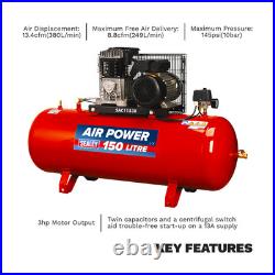 Sealey 150Litres 3hp Compressor Belt Drive With Cast Cylinders 380L/min SAC1153B