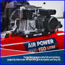 Sealey 150Litres 3hp Compressor Belt Drive With Cast Cylinders 380L/min SAC1153B