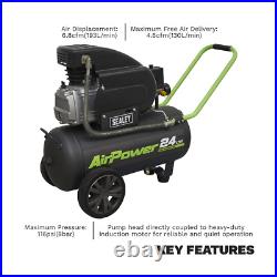 Sealey Compressor 24 Litres Direct Drive 2hp 230v 130L/min 116psi Black SAC2420E