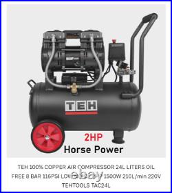 TEH Air Compressor 24L Litres Low-Noise Oil Free 2HP 8 Bar 1500W 210L/m 7.4 CFM