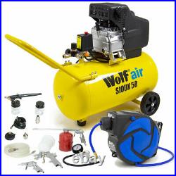 Wolf Air Compressor 50 Litre 2.5hp 8bar 9.6cfm 50L Ltr + 10m Reel Tools Brush