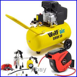 Wolf Air Compressor 50 Litre 2.5hp 8bar 9.6cfm 50L Ltr + Air Tools + Hose Reel