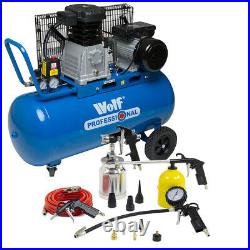 Wolf Pro Air Compressor 90 Litre Belt Drive 3hp 10bar 14cfm 90L + Air Tool Kit
